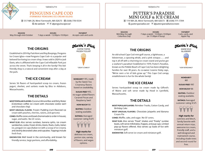Two side-by-side informational panels detail Cape Cod Cones by Schiffer Publishing, Ltd., featuring addresses, hours, histories, local ice cream highlights, menu favorites, and more in a tidy illustrated layout.
