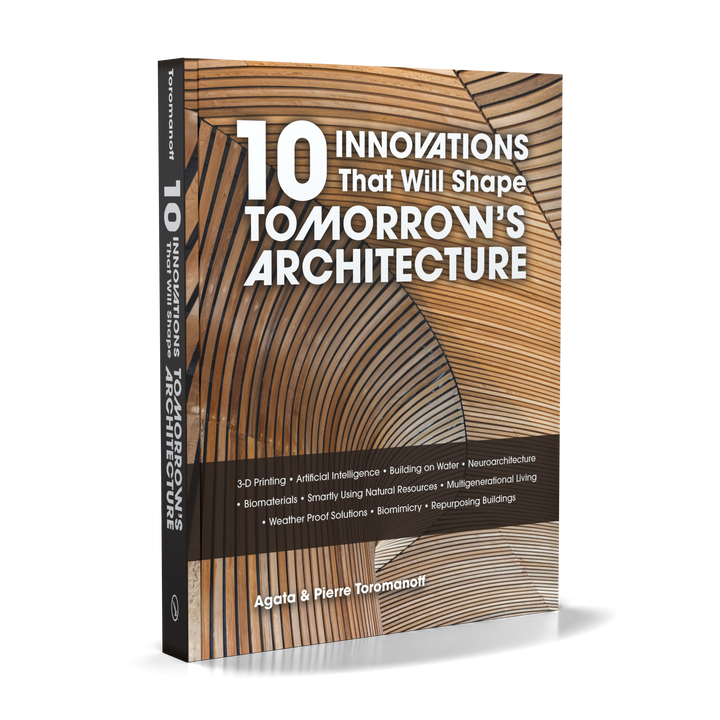 The image shows the book "10 Innovations That Will Shape Tomorrow's Architecture" by Schiffer Publishing, Ltd., featuring a cover with curved wooden patterns and highlighting architectural innovations shaping the future.