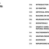 Table of Contents from "10 Innovations That Will Shape Tomorrow's Architecture" by Schiffer Publishing, Ltd.: Introduction, 3D Printing, Architectural Trends, AI, Building on Water, Neuroarchitecture, Biomaterials, Multigenerational Living.