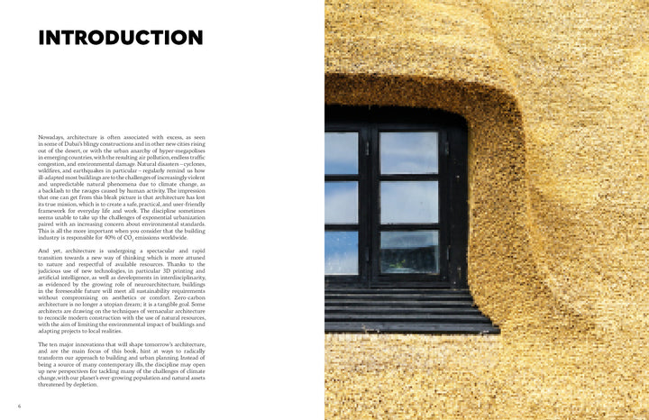 On the right, a dark-framed window in a straw-thatched wall—highlighting sustainable design—is featured; on the left, text under INTRODUCTION appears, referencing "10 Innovations That Will Shape Tomorrow's Architecture" by Schiffer Publishing, Ltd.
