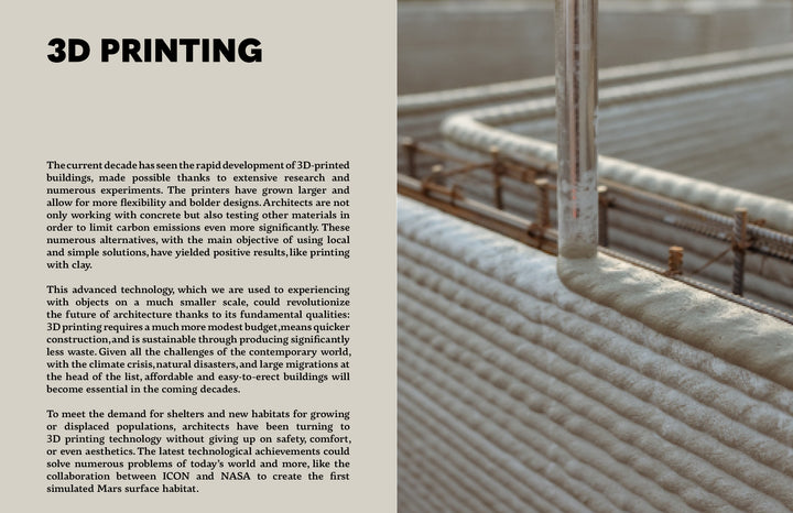 A close-up of a 3D printer nozzle laying concrete to build a curved wall. On the left, text from Schiffer Publishing, Ltd.'s "10 Innovations That Will Shape Tomorrow's Architecture" highlights 3D printing benefits in modern construction.