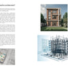 A magazine spread for Schiffer Publishing, Ltd.'s "10 Innovations That Will Shape Tomorrow's Architecture" features three images—a modern house rendering, digital building structure, and 3D floor plan—with text on the left side.