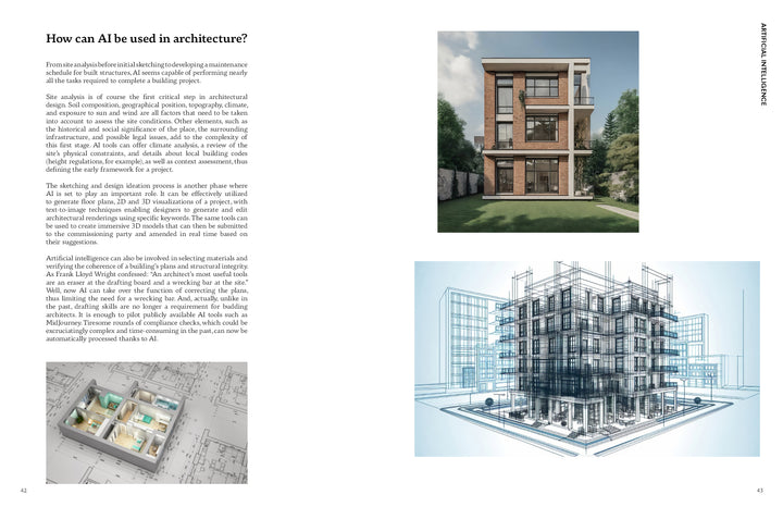 A magazine spread for Schiffer Publishing, Ltd.'s "10 Innovations That Will Shape Tomorrow's Architecture" features three images—a modern house rendering, digital building structure, and 3D floor plan—with text on the left side.