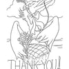 From Schiffer Publishing, Ltd.’s "Chadwick the Crab's 40th Birthday Coloring Postcards": A bird in a hat, glasses, and bow holds a flower basket; “THANK YOU!” appears below against clouds and a horizon.