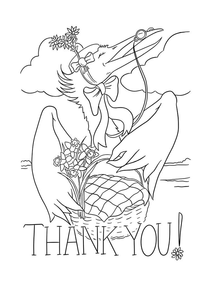 From Schiffer Publishing, Ltd.’s "Chadwick the Crab's 40th Birthday Coloring Postcards": A bird in a hat, glasses, and bow holds a flower basket; “THANK YOU!” appears below against clouds and a horizon.