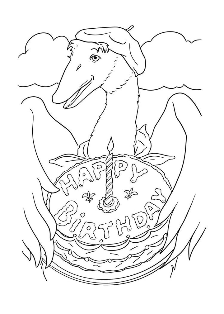 Chadwick the Crab's 40th Birthday Coloring Postcards by Schiffer Publishing, Ltd. feature a cartoon crab in a party hat holding a cake with one candle. The cake says Happy Birthday against a background of cheerful clouds—great for coloring fun!.