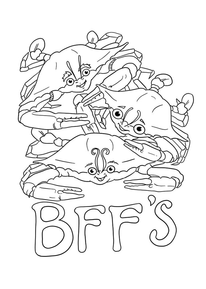 Celebrate Chadwick the Crab's 40th with Schiffer Publishing, Ltd.'s coloring postcards, featuring three smiling cartoon crabs stacked above playful "BFFS" text—perfect for customizing birthday cards or sharing colorful greetings!.