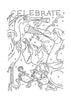 Schiffer Publishing, Ltd.’s "Chadwick the Crab's 40th Birthday Coloring Postcards" features three festive birds and Chadwick the Crab with a friend celebrating under “CELEBRATE”—a lively design perfect for birthday coloring fun!.
