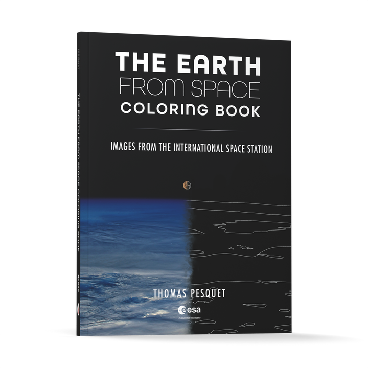 The cover of Schiffer Publishing, Ltd.’s The Earth from Space Coloring Book shows a space station image of Earth, half in color and half in black and white outline, with title text above and below.