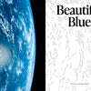 One side displays Earth's blue surface from space, the other shows a white background with black abstract lines and "Beautiful Blue" and "The Curve of the Earth," featured on The Earth from Space Coloring Book by Schiffer Publishing, Ltd.