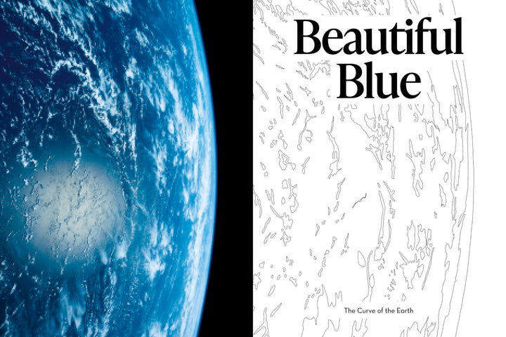 One side displays Earth's blue surface from space, the other shows a white background with black abstract lines and "Beautiful Blue" and "The Curve of the Earth," featured on The Earth from Space Coloring Book by Schiffer Publishing, Ltd.