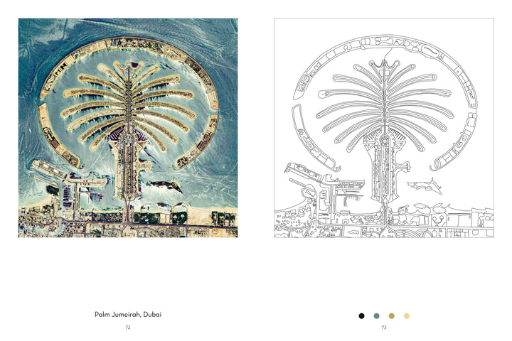 Side-by-side images from The Earth from Space Coloring Book by Schiffer Publishing, Ltd.: left, a satellite view of Palm Jumeirah, Dubai; right, a black-and-white line drawing ideal for coloring.
