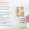 Schiffer Publishing, Ltd.’s Watercolor the Easy Way Paint-Your-Own Watercolor Cards Garden kit includes a 9-color palette, brush and cup, paint swatches, and both painted and unpainted floral cards—everything you need for watercolor creativity.