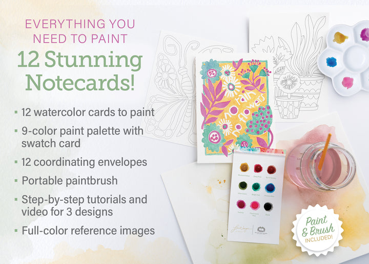 Schiffer Publishing, Ltd.’s Watercolor the Easy Way Paint-Your-Own Watercolor Cards Garden kit includes a 9-color palette, brush and cup, paint swatches, and both painted and unpainted floral cards—everything you need for watercolor creativity.