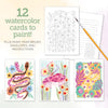 The Watercolor the Easy Way Paint-Your-Own Watercolor Cards Garden kit by Schiffer Publishing, Ltd. includes 12 notecards with floral, snake, and mushroom outlines to paint, plus a brush and sample cards for inspiration.