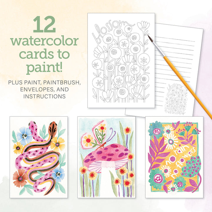The Watercolor the Easy Way Paint-Your-Own Watercolor Cards Garden kit by Schiffer Publishing, Ltd. includes 12 notecards with floral, snake, and mushroom outlines to paint, plus a brush and sample cards for inspiration.