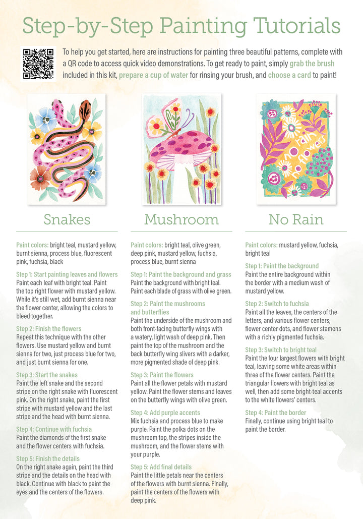 Step-by-step flyer for Schiffer Publishing, Ltd.’s Watercolor the Easy Way Paint-Your-Own Watercolor Cards Garden—features snakes, mushroom, and “No Rain” floral scenes with instructions and paint colors. Perfect for painting at home!.