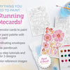 Flat lay of Schiffer Publishing, Ltd.’s Watercolor the Easy Way Paint-Your-Own Watercolor Cards Friends kit with painted/unpainted floral cards, paint palette, brush in water, envelopes, and contents list on a light background.