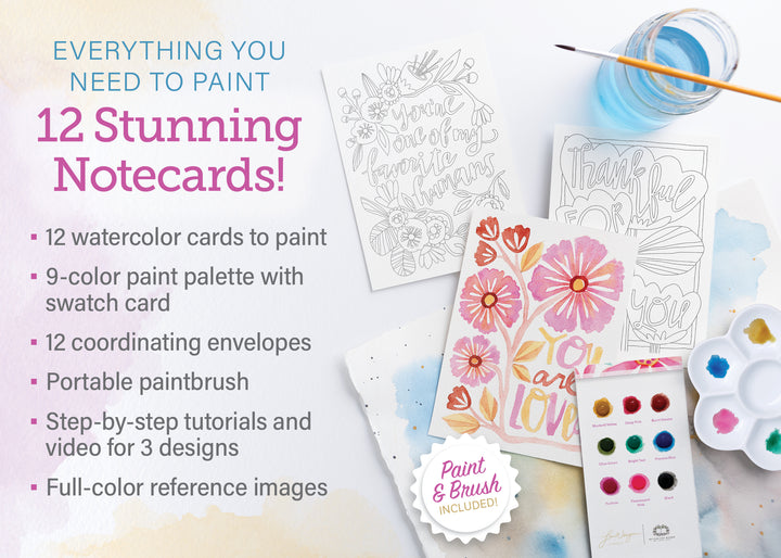 Flat lay of Schiffer Publishing, Ltd.’s Watercolor the Easy Way Paint-Your-Own Watercolor Cards Friends kit with painted/unpainted floral cards, paint palette, brush in water, envelopes, and contents list on a light background.