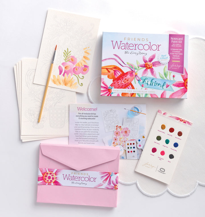 The Watercolor the Easy Way Paint-Your-Own Watercolor Cards Friends kit by Schiffer Publishing, Ltd. includes 12 patterned cards, envelopes, and a 9-color palette—everything needed to create personalized watercolor notecards.