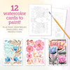 The "Watercolor the Easy Way Paint-Your-Own Watercolor Cards Friends" kit by Schiffer Publishing, Ltd. features 12 notecards, both painted and unpainted, a paintbrush, envelopes, instructions, and cards with messages like You are magical and Thankful for you.