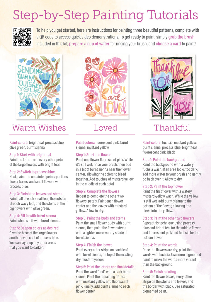 The Schiffer Publishing, Ltd. Watercolor the Easy Way Paint-Your-Own Watercolor Cards Friends kit includes an instruction sheet with steps and a QR code to paint “Warm Wishes” (leaves), “Loved” (pink flowers/heart), and “Thankful for You” cards.