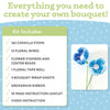 A promotional image for Schiffer Publishing, Ltd.’s Bendable Blooms Chenille Stem Flower-Making Kit Botanical Blues, showing chenille stems, floral wires, flower stamens, tape roll, bouquet-wrap sheets, ribbon, guides, and blue chenille flowers.