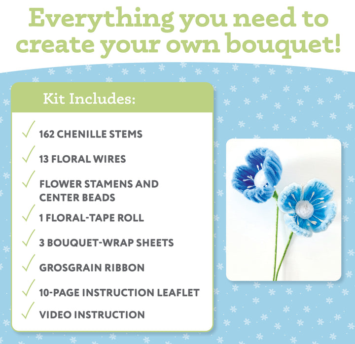 A promotional image for Schiffer Publishing, Ltd.’s Bendable Blooms Chenille Stem Flower-Making Kit Botanical Blues, showing chenille stems, floral wires, flower stamens, tape roll, bouquet-wrap sheets, ribbon, guides, and blue chenille flowers.
