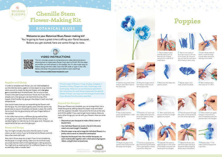 The Bendable Blooms Chenille Stem Flower-Making Kit Botanical Blues by Schiffer Publishing, Ltd. includes a supply list, written instructions, and twelve step-by-step photos showing hands crafting blue poppies with chenille stems and tissue paper.
