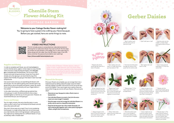 The Bendable Blooms Chenille Stem Flower-Making Kit Cottage Garden by Schiffer Publishing, Ltd. includes an instructional sheet with DIY tips on the left and 16 step-by-step photos on the right, showing hands crafting pink and yellow flowers from chenille stems and tissue paper.