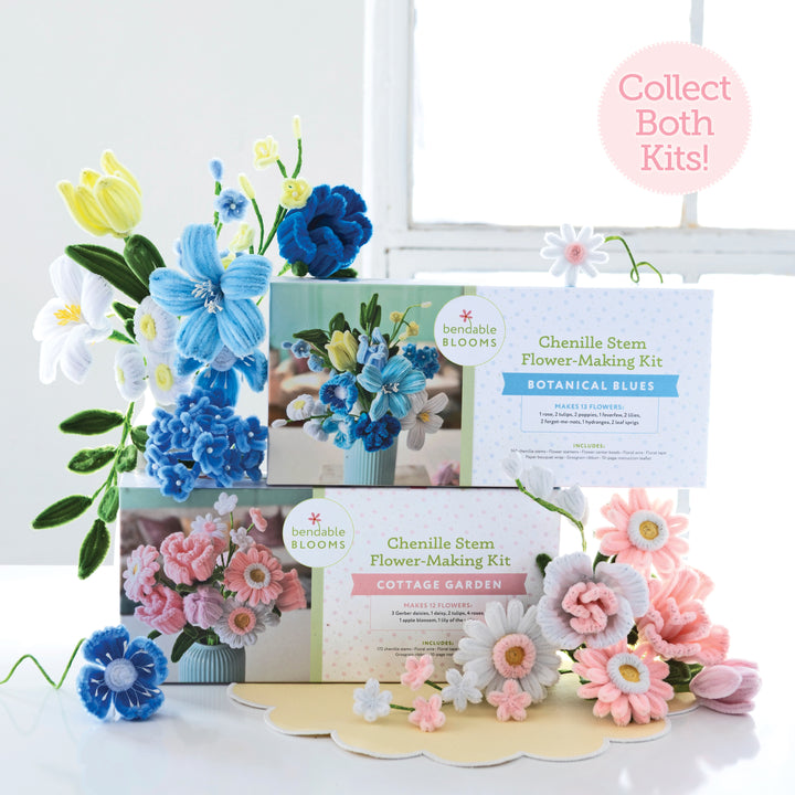 The Bendable Blooms Chenille Stem Flower-Making Kit Cottage Garden by Schiffer Publishing, Ltd. is displayed with sample blooms and a “Collect Both Kits!” label—perfect for creating your own DIY bouquet kit.