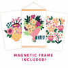 Three vibrant floral art prints are shown, with the center piece—ColorMaps Paint-by-Number Beautiful Blooms by Schiffer Publishing, Ltd.—displayed in a wooden magnetic frame. Bold text below reads, MAGNETIC FRAME INCLUDED!.