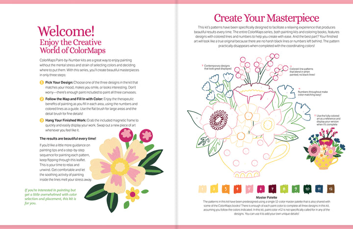 An illustrated guide from Schiffer Publishing, Ltd. introduces ColorMaps Paint-by-Number Beautiful Blooms, featuring vibrant floral bouquets, easy coloring steps, and a labeled master palette on a pink and white background.