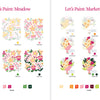 Step-by-step guides for painting two ColorMaps Paint-by-Number Beautiful Blooms designs by Schiffer Publishing, Ltd., from outlines to finished art, with color palettes—ideal for beginners using this floral painting kit.