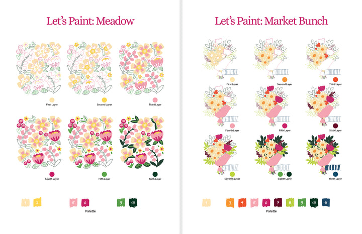 Step-by-step guides for painting two ColorMaps Paint-by-Number Beautiful Blooms designs by Schiffer Publishing, Ltd., from outlines to finished art, with color palettes—ideal for beginners using this floral painting kit.