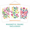 Three vibrant ColorMaps Paint-by-Number Relaxing Garden prints by Schiffer Publishing, Ltd. are shown, the center featuring "RELAX" vertically in a wooden magnetic frame. Text below reads: MAGNETIC FRAME INCLUDED!.