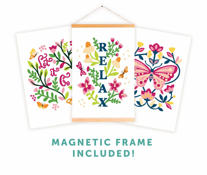 Three vibrant ColorMaps Paint-by-Number Relaxing Garden prints by Schiffer Publishing, Ltd. are shown, the center featuring "RELAX" vertically in a wooden magnetic frame. Text below reads: MAGNETIC FRAME INCLUDED!.