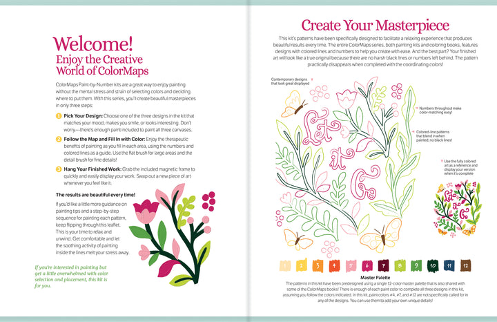 The ColorMaps Paint-by-Number Relaxing Garden by Schiffer Publishing, Ltd. features a two-page spread: one side with text and floral graphics, the other a floral and butterfly line drawing with color swatches—ideal for relaxing painting.
