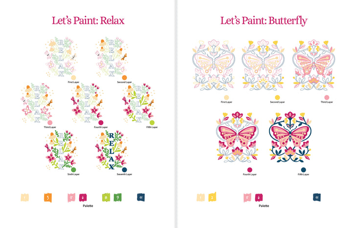 The ColorMaps Paint-by-Number Relaxing Garden by Schiffer Publishing, Ltd. features step-by-step guides for painting layered floral RELAX art and a butterfly design—perfect for a relaxing creative experience. Paint palettes included.