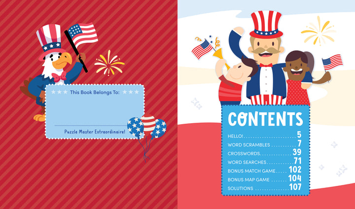 The KindKids Super Spectacular Star-Spangled Puzzle Book by Schiffer Publishing, Ltd. features a bald eagle, Uncle Sam, happy kids, flags, and fireworks with word scrambles, crosswords, and patriotic puzzles on a blue panel.