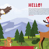 A cheerful, illustrated forest with mountains shows a deer in a star-spangled hat, an eagle flying, and a smiling squirrel—perfect for the KindKids Super Spectacular Star-Spangled Puzzle Book by Schiffer Publishing, Ltd.