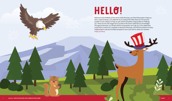 A cheerful, illustrated forest with mountains shows a deer in a star-spangled hat, an eagle flying, and a smiling squirrel—perfect for the KindKids Super Spectacular Star-Spangled Puzzle Book by Schiffer Publishing, Ltd.
