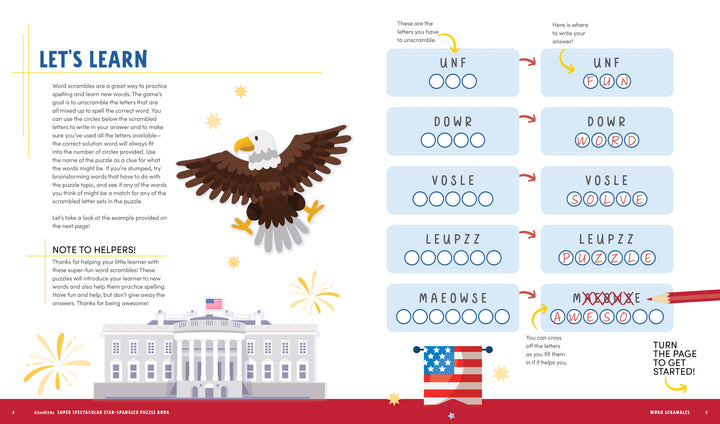 Discover patriotic word scrambles with eagles, the White House, and the U.S. flag in the KindKids Super Spectacular Star-Spangled Puzzle Book by Schiffer Publishing, Ltd.—fun puzzles and easy instructions await inside!.