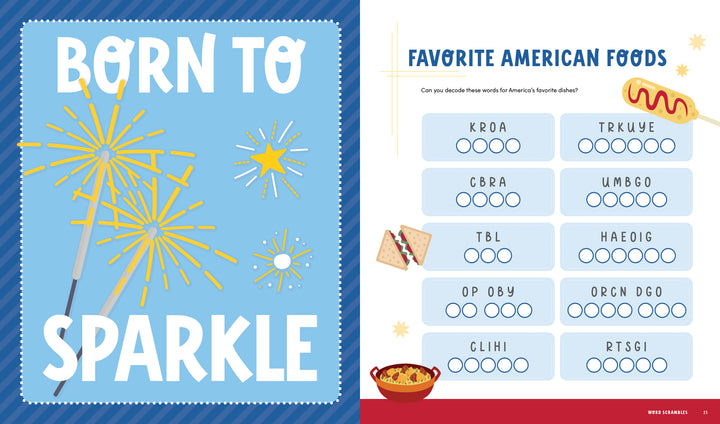 Left: “Born to Sparkle” with sparklers/fireworks on blue. Right: American Foods word scramble from the KindKids Super Spectacular Star-Spangled Puzzle Book by Schiffer Publishing, Ltd., featuring fun food art like hot dogs and pie.
