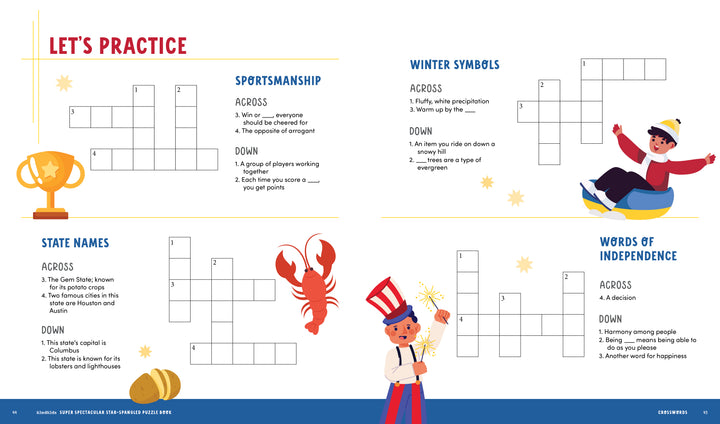 The KindKids Super Spectacular Star-Spangled Puzzle Book by Schiffer Publishing, Ltd. offers colorful patriotic crossword activities on sportsmanship, winter symbols, states, and vocabulary with fun art like trophies, lobsters, sledders, and flags.
