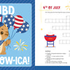 The KindKids Super Spectacular Star-Spangled Puzzle Book by Schiffer Publishing, Ltd. features a cat in a stars-and-stripes hat with patriotic balloons, 4th of July crossword, grill, fireworks, and U.S. flag—ideal for USA activity book fans.