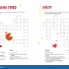 Two KindKids Super Spectacular Star-Spangled Puzzle Book crosswords by Schiffer Publishing, Ltd. are shown side by side with clues, grids, autumn illustrations, and four smiling diverse people—perfect for any USA activity book!.