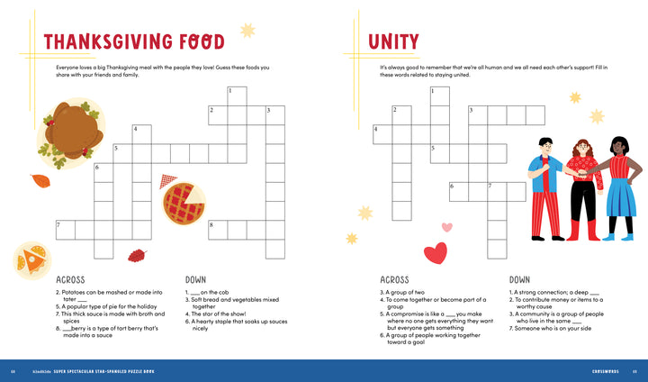 Two KindKids Super Spectacular Star-Spangled Puzzle Book crosswords by Schiffer Publishing, Ltd. are shown side by side with clues, grids, autumn illustrations, and four smiling diverse people—perfect for any USA activity book!.