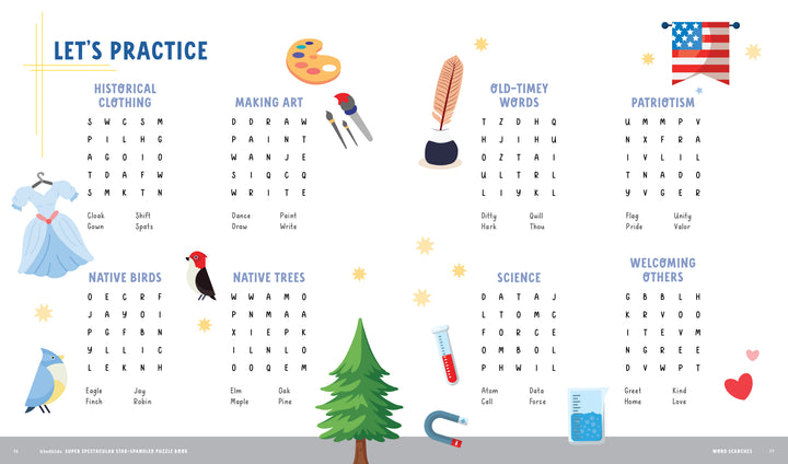 The KindKids Super Spectacular Star-Spangled Puzzle Book by Schiffer Publishing, Ltd. features seven themed word searches for kids, fun illustrations, and USA activity puzzles with decorative icons like a dress, tree, hat, and magnet.