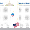 The KindKids Super Spectacular Star-Spangled Puzzle Book by Schiffer Publishing, Ltd. features word searches on State Capitals and Trailblazing Women, plus fun illustrations like the U.S. Capitol, balloons, and a woman with a telescope.